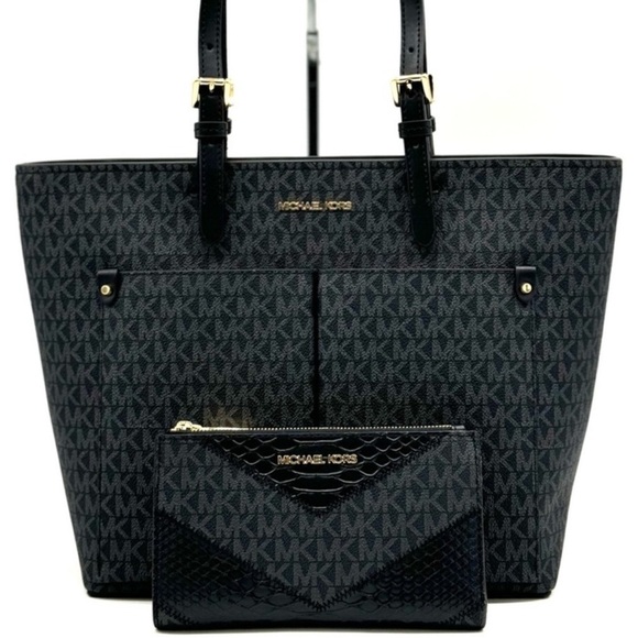 Michael Kors Jet Set Medium Pocket Tote Bag & Double Zip Wallet Black Multi - Picture 1 of 13